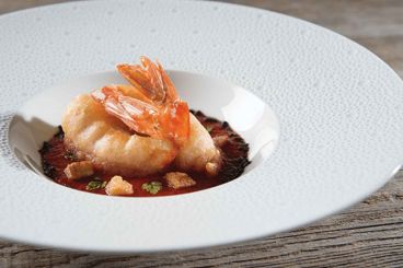 Recette de Tempura de gambas, gaspacho et croûtons thym parmesan